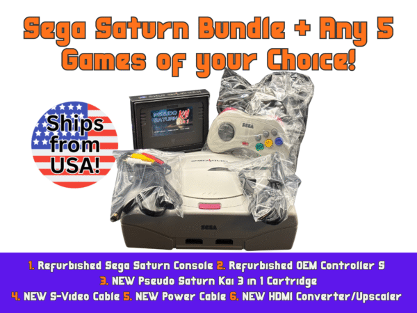Sega Saturn White Console w OEM White Controller S & NEW Pseudo Kai, all cables + Any 5 Games!